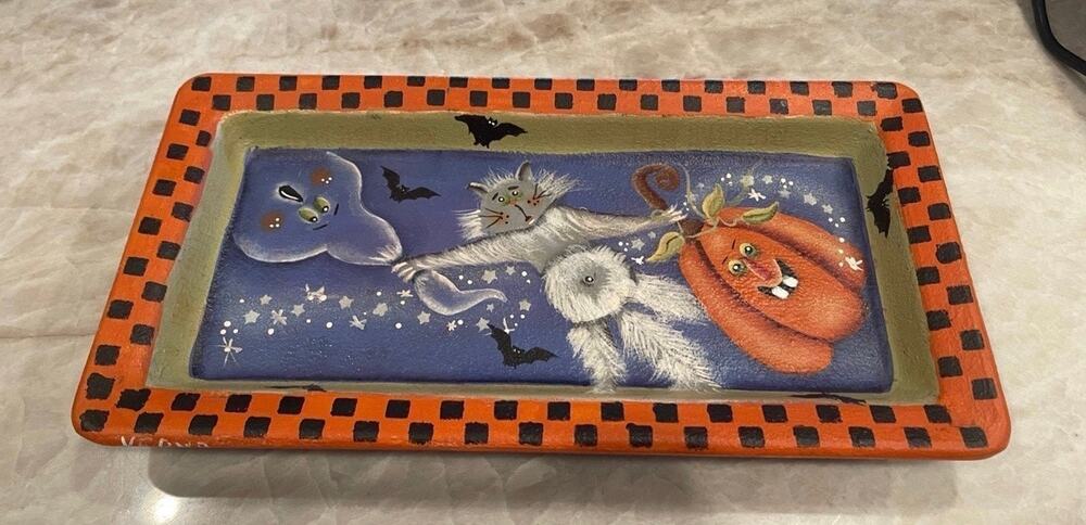 Halloween wood tray handpainted cat and pumpkin